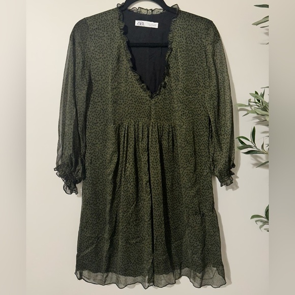 Zara Olive green and Black Polka Dot Mini dress‎ small - Picture 1 of 6